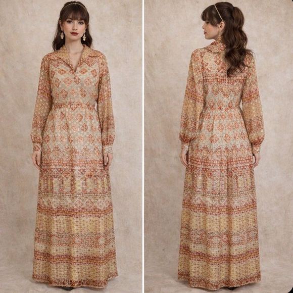 Vintage Sheer Gold Lame Polka-Dot Overlay Maxi Dress